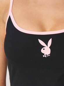 Missguided x Playboy Contrast Binding Cami Top With Bunny Logo Sleeveless Tank Top Summer Casual Cropped Camisole Y2K Spaghetti Strap Fitted Top - Black - View 2