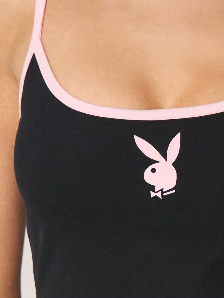Missguided x Playboy Kontrast Einfassung Träger Top mit Hase Logo ärmelloses Trägershirt Sommer Lässig Kurz Camisole Y2K Spaghettiträger Figurbetontes Top