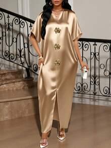 SHEIN Lady 四季皆宜的节日礼服/婚礼宾客/礼服/舞会礼服/金色/晚宴礼服/金色女士缎面提花前开衩连衣裙，休闲派对优雅 - 卡其色 - 查看 5