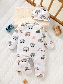 SHEIN 新生儿罗纹针织休闲长袖连体衣，圆领露肩设计，附赠可爱帽子 - 白色 - 查看 3