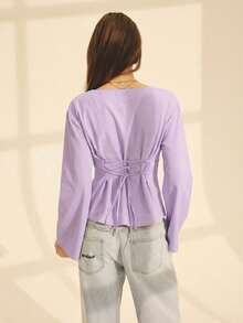 Aralina Women's Casual Solid Color Pleated Flare Sleeve Shirt, Autumn - Lilac Purple - View 2