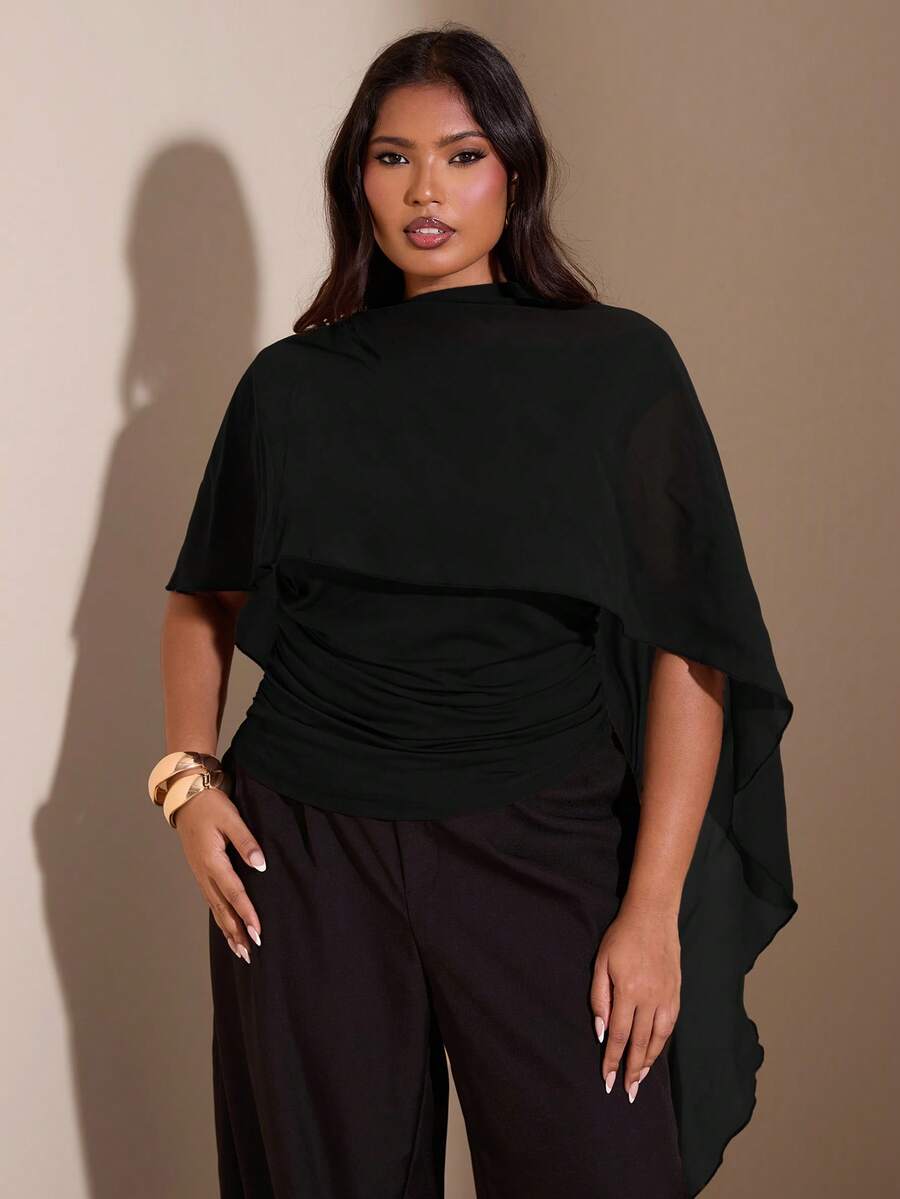 SHEIN BAE Plus Size Elegant Asymmetric Shoulder Tie Design Fitted Slim Top - Black - View 1