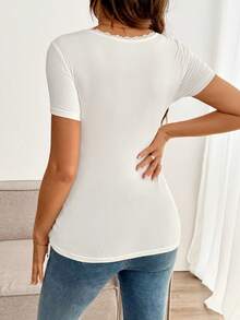SHEIN Maternity Casual Contrast Lace Round Neck Fitted Short Sleeve T-Shirt, Summer - White - View 2