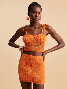 Travachic Women's Summer Sexy Beach Vacation Knotted Shoulder Pointelle Knit Sweater 2 Pieces Set - Orange - View 4