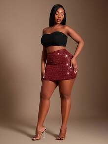 SHEIN SXY 大码女式纯色基础款酒红色亮银色波点性感休闲迷你修身连衣裙（含打底裤），春季女装 - 酒紅色 - 查看 8