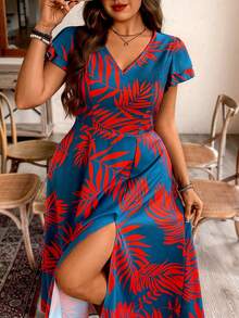 Breezaya Plus Size Boho Dusty Blue Long Dress With Red Random Print Deep V Neck Flounce Short Sleeve - Dusty Blue - View 7