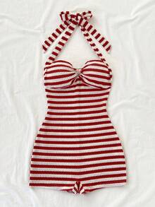 Elamini 女士红色条纹针织提花面料系带露背连体裤，饰有搭扣，优雅可爱，适合春夏度假、海滩、购物、约会和日常穿着。 - 紅色 - 查看 5