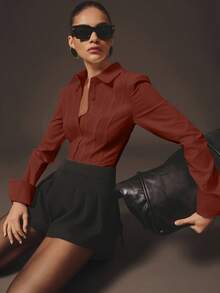 Hauture Women's Sexy Office Casual Bold Shoulder With Boning Long Sleeves Shirt Bodysuit - Red - View 1