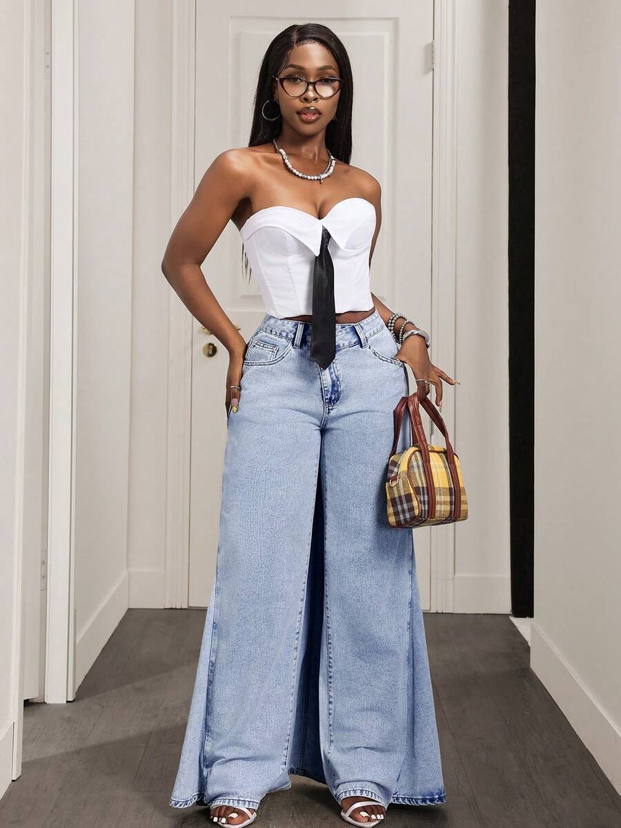 Slaydiva 女士口袋宽松阔腿休闲百搭阔腿牛仔裤 - 藍色 - 查看 1