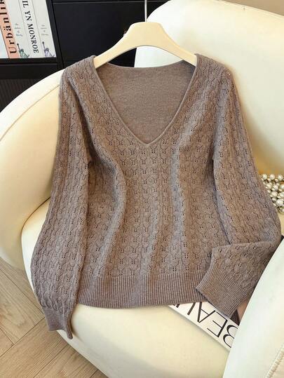 SHEIN PETITE Women's Solid Color V-Neck Long Sleeve Hollow Knit Sweater, Autumn/Winter