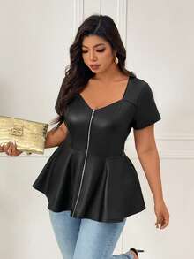 Femmeverse Áo nữ cỡ lớn cổ vuông khoét lỗ dáng chữ A chất liệu PU co giãn, giúp thon gọn và che khuyết điểm, ôm dáng. - màu đen - Xem 4