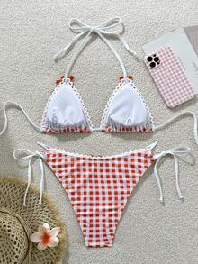 Swim Mod Conjunto de bikini de 2 piezas con estampado aleatorio de triángulo para mujer, para vacaciones en la playa, traje de baño casual de primavera/verano 2026 - Rojo y blanco - Ver 4