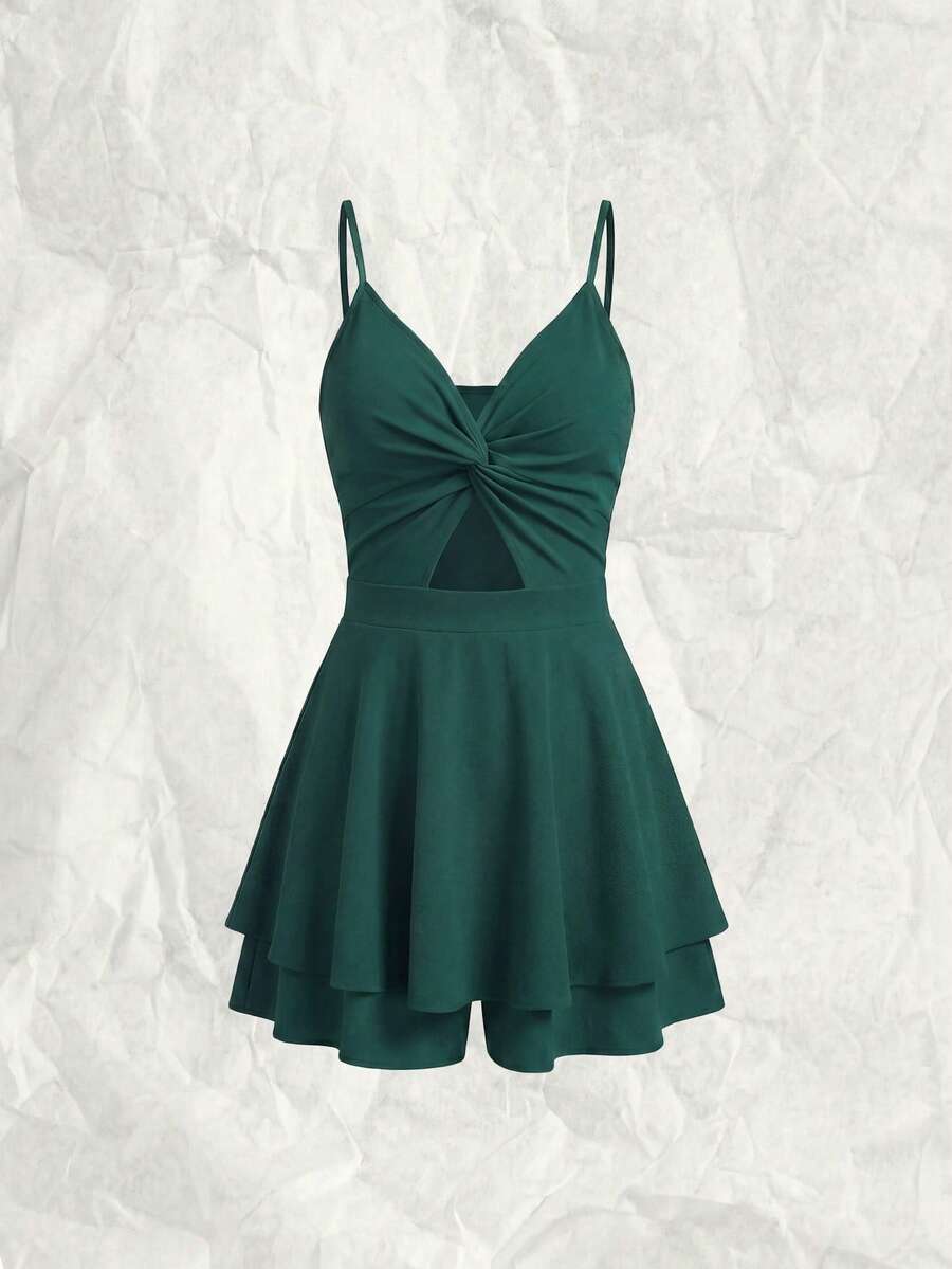 Breezaya Damskie Kombinezony Wycięte Kokardka z tyłu Rozwarstwiony Twist Prosty Seksowne - Ciemnozielony - Zobacz 1