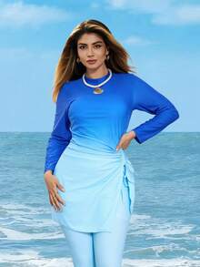 Swim Shayni 大码女式新款优雅渐变色吊带背心搭配纯色修身高腰裤，可拆卸胸垫，修身设计，抽绳腰带，休闲时尚沙滩泳装 - 彩色 - 查看 6