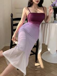 DAZY 女士优雅渐变褶皱吊带中长连衣裙，夏季 - 紫色 - 查看 7