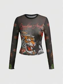 ROMWE Avant Y2K Retro Tiger Vine Faux Tattoo Print Slim Fit Mesh Top - Black - View 1
