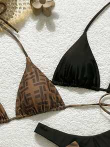 Swim Vcay New Geometric Print High Cut Strappy Halter 3pcs Bikini Set For Summer Beach Vacation - Multicolor - View 5