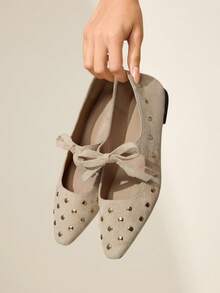 CUCCOO CHICEST Nuevos zapatos planos de punta cuadrada de unicolor, cómodos y casuales con decoración de moño, versátiles para primavera y otoño - Albaricoque - Ver 5