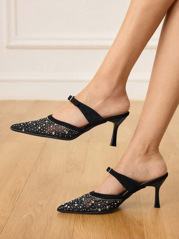 CUCCOO HITCHD Women's Pointed Toe Rhinestone Embellished Elegant High Heel Mules Valentine's Day
