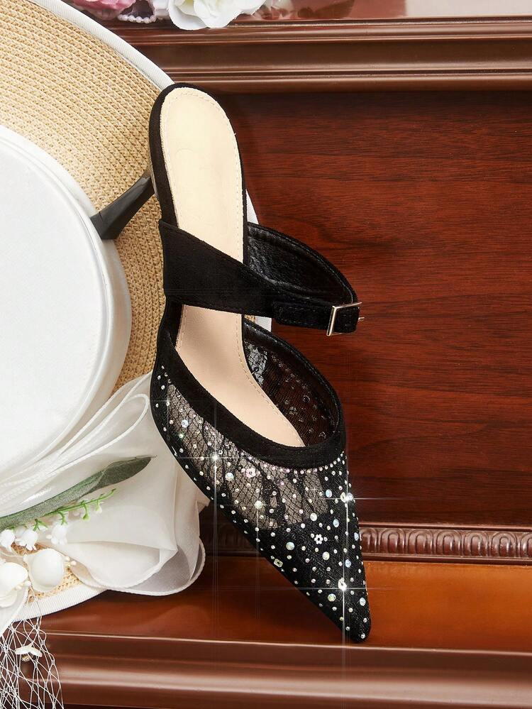 CUCCOO HITCHD Women's Pointed Toe Rhinestone Embellished Elegant High Heel Mules Valentine's Day