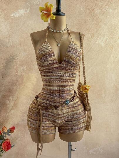 Soleia New Vintage Brown Ombre V-Neck Backless Fitted Jumpsuit, Bohemian, Boho, Vacation, Retro, Holiday, Beach, Cruise