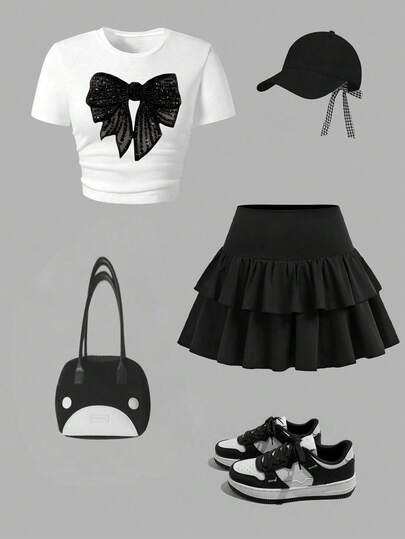 两件套女童蝴蝶结装饰修身短袖T恤和黑色百褶迷你裙，适合春、夏、秋季室内外活动，学院风，黑白撞色，可爱日常穿着