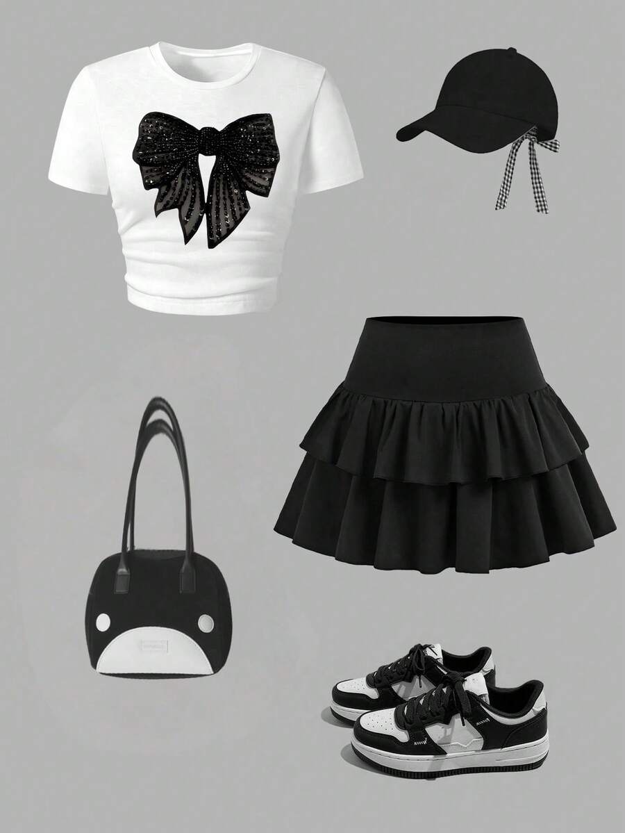 两件套女童蝴蝶结装饰修身短袖T恤和黑色百褶迷你裙，适合春、夏、秋季室内外活动，学院风，黑白撞色，可爱日常穿着 - 白色 - 查看 1