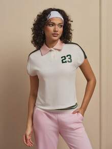 SHEIN Unity 女士撞色短袖运动Polo衫 女士运动服 网球上衣 网球套装 排球服 - 白色 - 查看 4