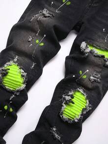 Manfinity Roughcore 男士口袋做旧修身休闲牛仔裤 - 黑色 - 查看 3