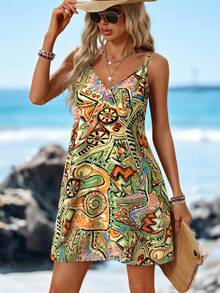 Sylviya Spaghetti Strap Vacation Floral Print Mini Dress For Women Summer Dresses For Women Women Mini Dresses Beach Dresses For Women Sun Dresses For Women Women Mini Dresses,Vacation - Green - View 3