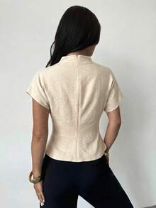 Firerie Crinkle Collar Asymmetric Sleeve Side Ruched Waist Slim Fit Apricot Bamboo Linen Fabric Blouse For Women, All Season - Apricot - View 3