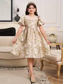 Girls' Elegant White Summer Wedding Short Sleeve Dress With Cute Ditsy Floral,Beaded And Bow Decor,Gold Flower Pattern,For Party And Casual Wear - Champagne - View 8