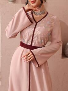 Al Najma Embroidered Beaded Detailed Long Sleeve Turkish & Arabic Traditional Maxi Dress For Women - Pink - View 1