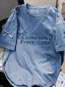 SHEIN Plus Size Women's Short Sleeve T-Shirt With Letter Embroidery And Bow Decoration