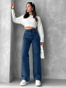 EURMUSE 100%纯棉高腰直筒牛仔裤 - 寶藍色 - 查看 4