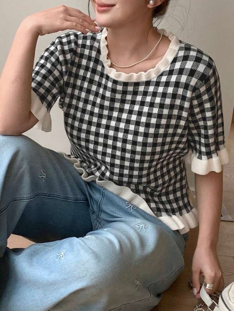 Dazy Plus Contrast Color Patchwork Plaid Frill Trim Casual Short Sleeve Knit Top, Plus Size Women Spring/Summer