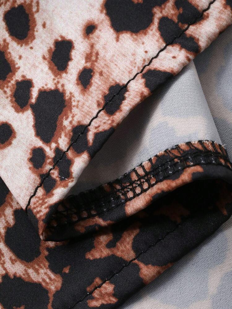 3pcs Leopard Print Lace Patchwork Robe, Camisole & Shorts Sleepwear Set For Women