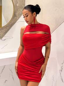 Slaydiva 2025新款网纱拼接镂空黑色迷你连衣裙，适合派对、生日、酒吧、夜店、情人节、万圣节、圣诞节等场合。 - 紅色 - 查看 5