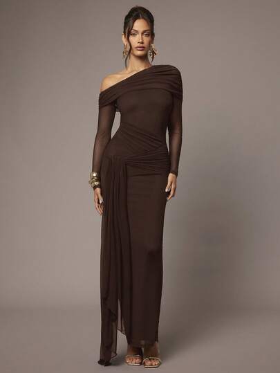 Silquee فستان نسائي أنيق وجذاب بأكتاف غير متماثلة وشبكة شفافة مجعدة، مناسب لعيد الحب، عيد الميلاد، المواعيد، الخروج، حفلات النوادي الليلية، والتجمعات في فصلي الخريف والشتاء