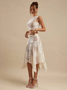 SHEIN BAE 2pcs Apricot Sleeveless Lace Texture Tank Top & Paisley Lace Patterned Sheer Skirt Set, Vacation Beach Sheer Outfit, Paisley Lace, Sheer Lace, Sexy, Brunch Dress, Wedding Guest Attire, Going Out Dress - Apricot - View 5