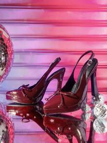 CUCCOO LuxiPop 女士尖头高跟防水厚底鞋，饰有蝴蝶结，PU皮革材质，时尚简约设计，舒适百搭，适合日常、派对和宴会穿着。 - 酒紅色 - 查看 2