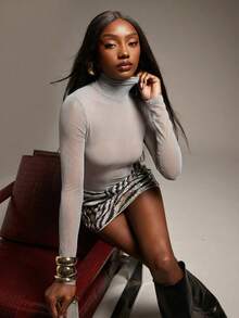 Hauture Sexy Bodysuit im Mob-Frau-Stil für den Herbst, mit dehnbarem, transparentem Stehkragen und extra langen Ärmeln - Grau - Übersicht 5