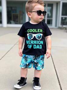 Baby Boy Fashionable & Comfortable Casual Crew Neck Short Sleeve T-Shirt Set, Leaf Print & Slogan Graphic Design, Relaxed Fit, Suitable For Spring/Summer Vacation, Outdoor, School, Party, Gift - Multicolor - View 3