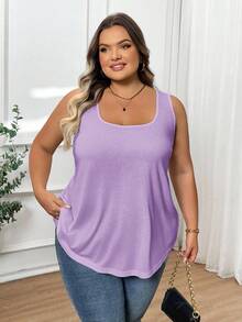 SHEIN CURVE+ 大码女式时尚宽松舒适无袖T恤背心 - 淡紫色 - 查看 6
