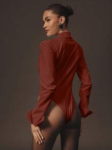 Hauture Women's Sexy Office Casual Bold Shoulder With Boning Long Sleeves Shirt Bodysuit - Red - View 2