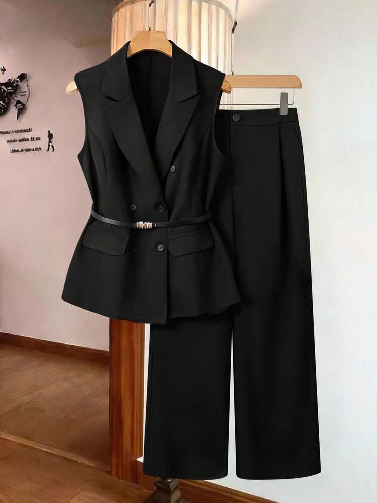 SHEIN Clasi Women's Plus Size Double-Breasted Suit With Decorative Bags, Peak Lapel, Sleeveless, Suitable For Commuting And Casual Wear, Belt Decoration, Summer Suit, Perfect For Everyday Outings - Black - View 1