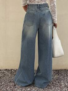 DAZY 女士休闲日常通勤时尚街头水洗宽松阔腿牛仔裤 - 淺色水洗藍 - 查看 3