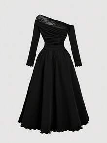 SHEIN MOD Gaun Hitam Ukuran Besar, Musim Gugur, Elegan, Formal, untuk Makan Malam, Gaun Midi Rajut Lengan Panjang Leher Asimetris dengan Hem Mengembang dan Detail Kerut yang Elegan - Coklat - View 2