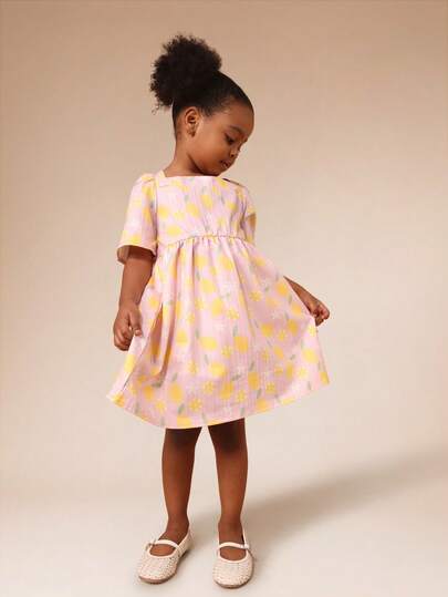 SUMWON Girls Flutter Sleeve Lemon Print Pink Dress With Square Neckline Summer Casual A-Line Knee Length Dress Festive Occasionwear