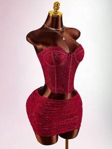 Amplova Women's Fishbone Lace 2-Piece Sexy Crop Top And Mini Skirt Set, Fashionable Outfit Suitable For Valentine's Day Date, Revealing Bandeau Top - Burgundy - View 4